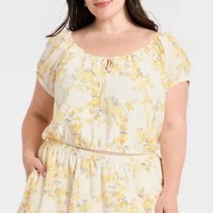 Target A New Day Yellow White Floral Short Puff Sleeve Tie Top